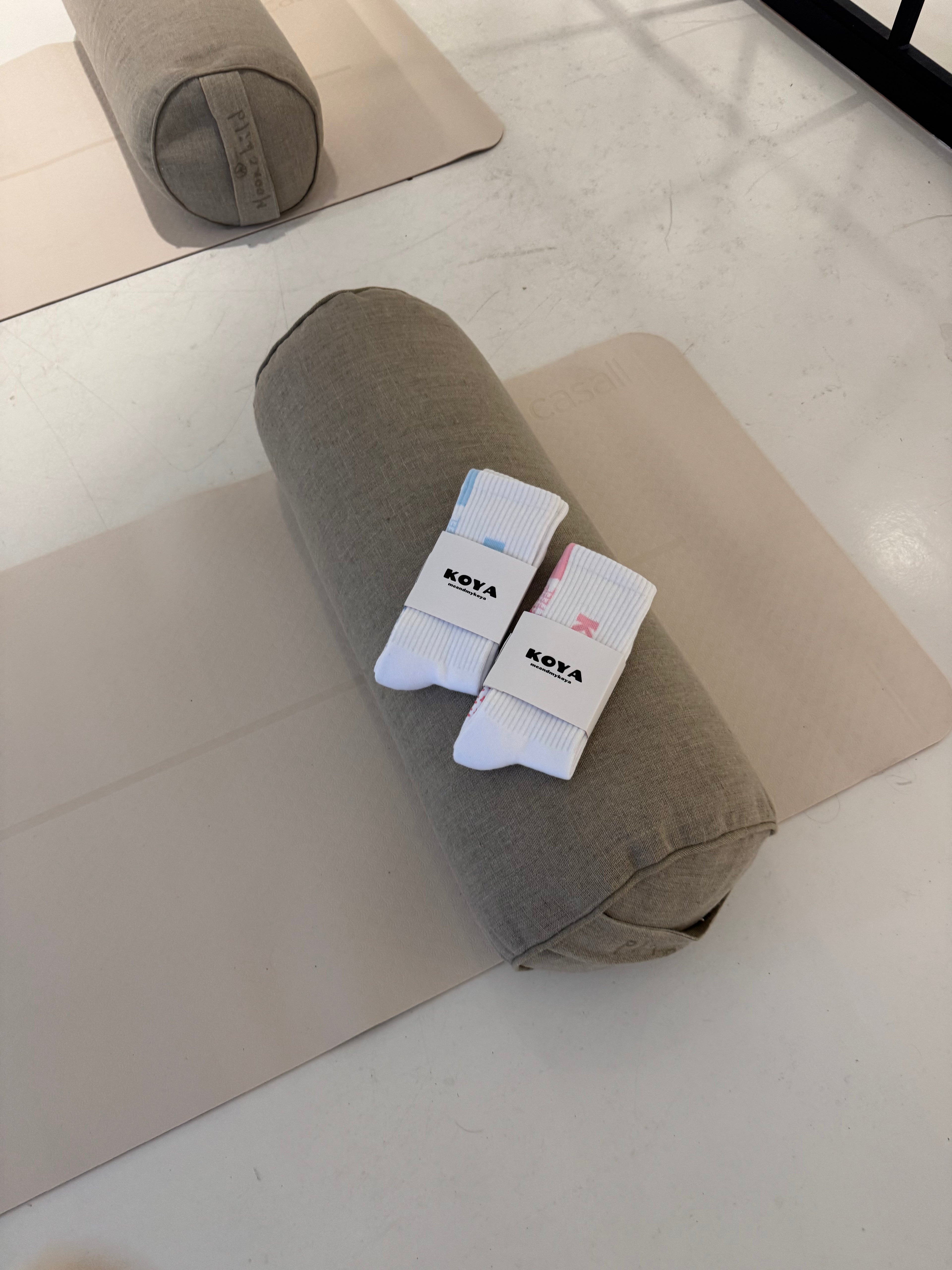 White/Baby Blue reformer grip socks